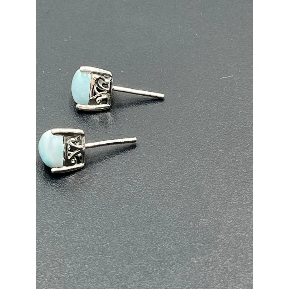 Sterling Silver Ocean Blue Larimar Rounded Triangular Prong‎ Stud Earrings